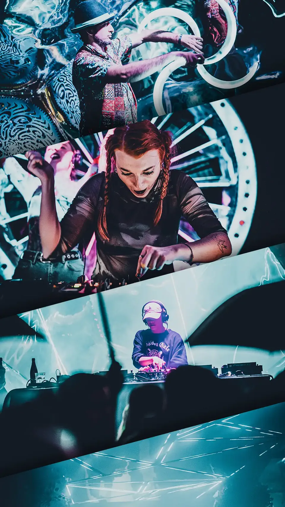 Story-Collage: Festival-DJs in schrägen Bildstreifen