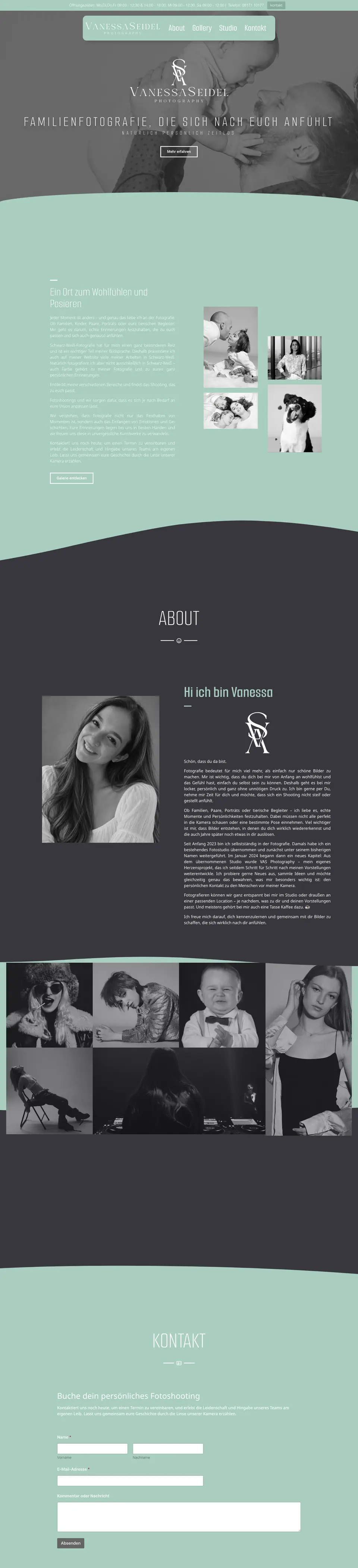 Website VAS Photography, Desktop-Ansicht: Startseite mit Familienfoto, Über-mich, Galerie und Kontaktformular